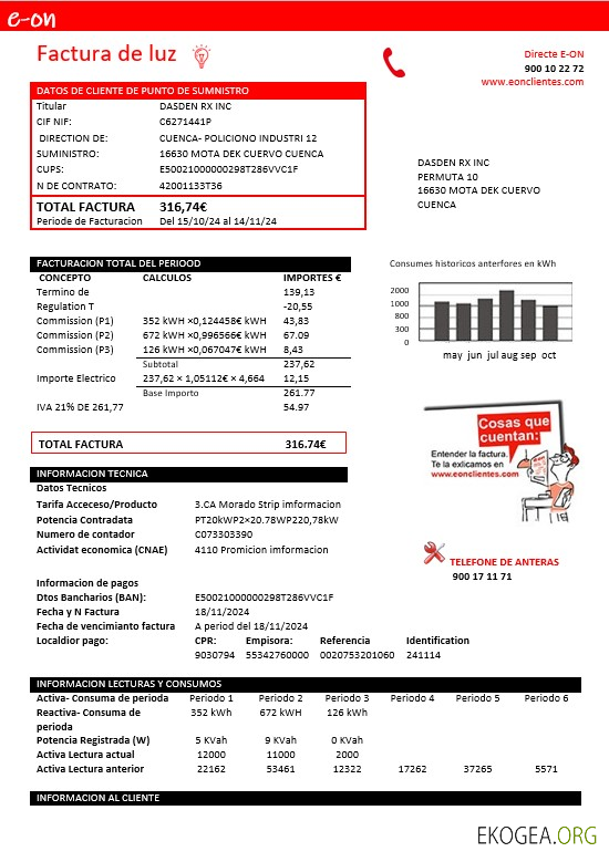 Modèle de facture de services publics d'électricité d'Espagne E.ON aux formats Word et PDF